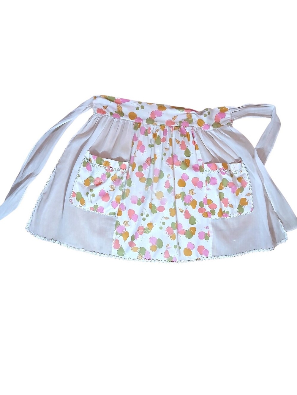 Vintage Apron Sheer Center Colorful Fabric W Pockets Trimmed In Silver Ric Rack